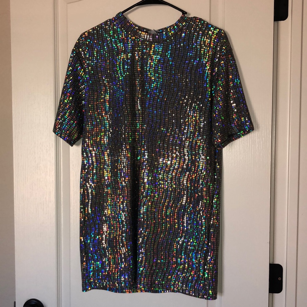 FashionNova iridescent rainbow sequin tshirt dress